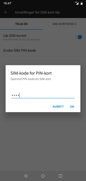 Skriv inn Gammel PIN-kode for SIM-kort og velg OK