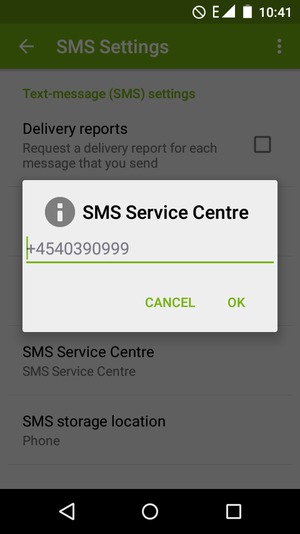Enter the SMS Service Centre number and select OK