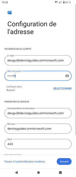 Saisissez votre Nom d'utilisateur et l'adresse du serveur Exchange. Sélectionnez Suivant