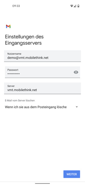 Geben Sie Benutzername und die Server-Adresse für eingehende Post ein. Wählen Sie WEITER