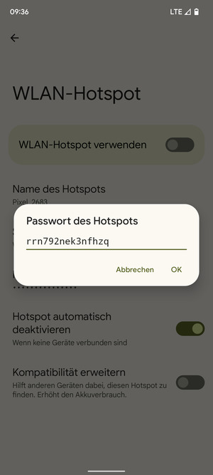 Geben Sie eine WLAN-Hotspot-Passwort mit mindestens 8 Zeichen ein und wählen Sie OK