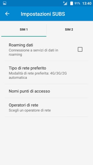 Seleziona SIM 1 o SIM 2 e poi Nomi punti di accesso