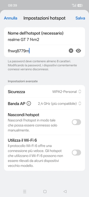 Inserisci una password dell'hotspot Wi-Fi di almeno 8 caratteri e seleziona Salva