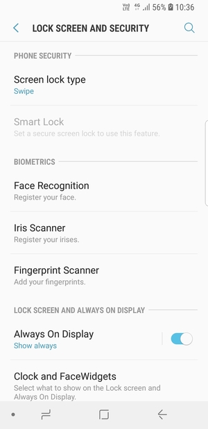 To activate your screen lock, go to the Lock screen and security menu and select Screen lock type