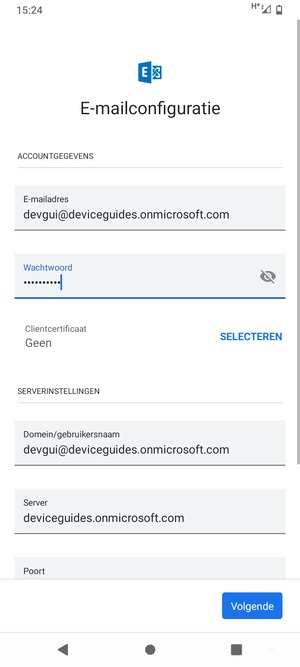 Voer Gebruikersnaam en Exchange serveradres in. Selecteer Volgende