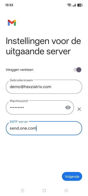 Voer Uitgaand serveradres in en selecteer Volgende
