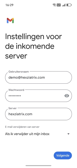 Voer Gebruikersnaam en binnenkomend serveradres in. Selecteer Volgende