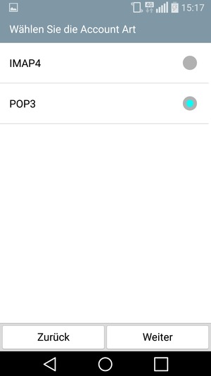 Wählen Sie IMAP4 oder POP3 und wählen Sie Weiter