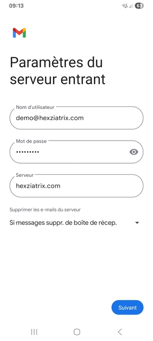 Saisissez votre Nom d'utilisateur et l'adresse du serveur entrant. Sélectionnez Suivant