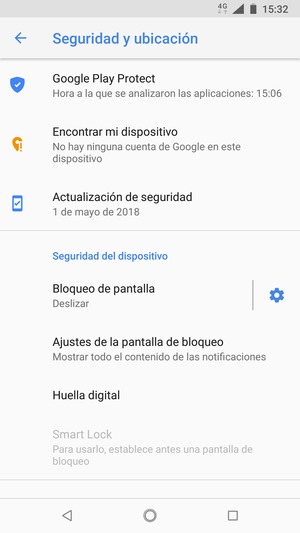 Para activar su bloqueo de pantalla, vaya al menú Seguridad y ubicación y seleccione Bloqueo de pantalla