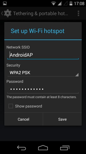 Enter a Wi-Fi hotspot password of at least 8 characters and select Save