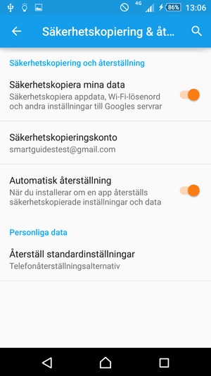 Aktivera Säkerhetskopiera mina data och välj Säkerhetskopieringskonto