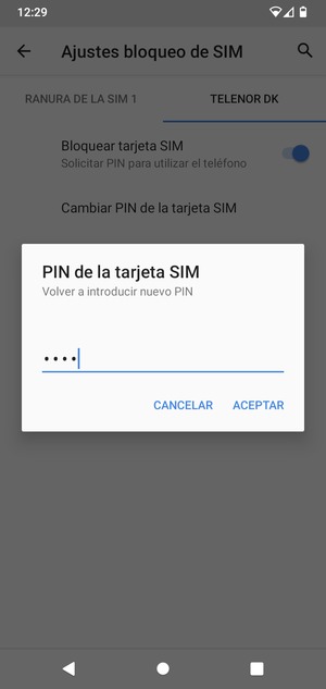 Confirme su nuevo PIN de tarjeta SIM y seleccione ACEPTAR