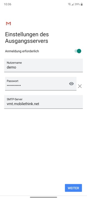 Geben Sie die Server-Adresse für ausgehende Post ein