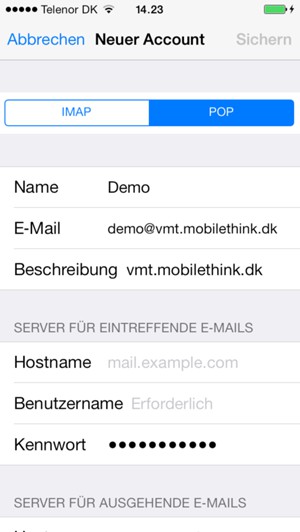 Wählen Sie POP oder IMAP und geben Sie E-Mail-Informationen für SERVER FÜR EINTREFFENDE E-MAILS ein