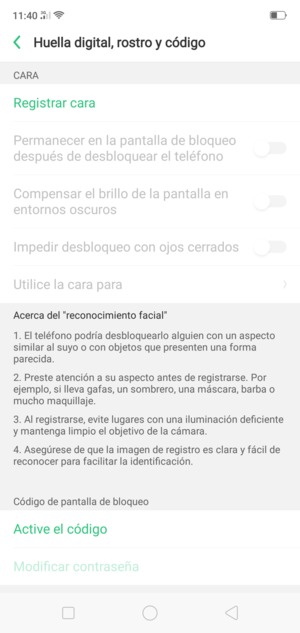 Desplácese y seleccione Active el código
