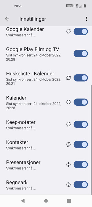 Dine kontakter fra Google vil synkroniseres til telefonen din