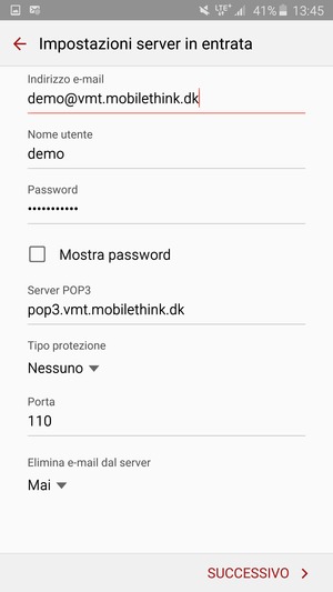 Inserisci Nome utente e l'indirizzo del server di posta in arrivo. Seleziona SUCCESSIVO