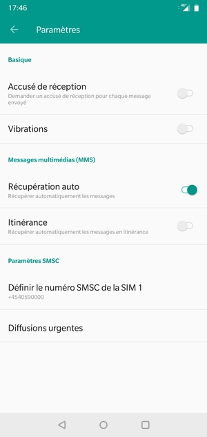 Sélectionnez Définir le numéro SMSC de la SIM
