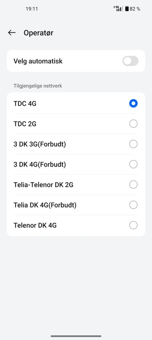 Velg en nettverksoperatør fra listen