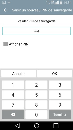 Veuillez confirmer le PIN de sauvegarde et sélectionner OK