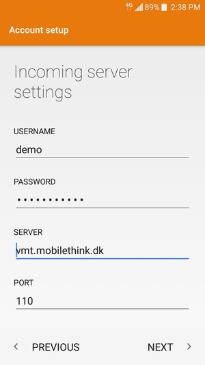 Enter USERNAME and Incoming server address. Select NEXT