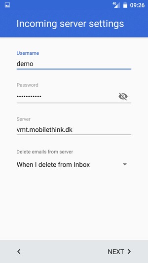 Enter Username and Incoming server address. Select NEXT