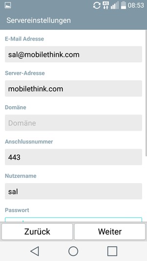 Geben Sie Exchange Server-Adresse und Nutzername ein. Wählen Sie Weiter