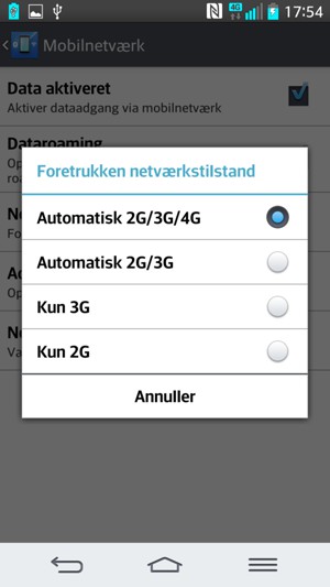Vælg Automatisk 2G/3G for at aktivere 3G og Automatisk 2G/3G/4G for at aktivere 4G