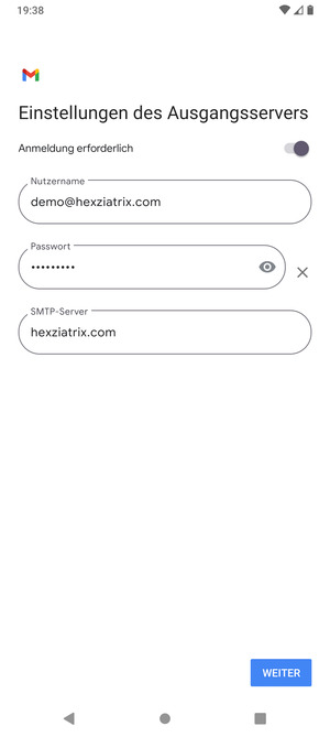 Geben Sie die Server-Adresse für ausgehende Post ein und wählen Sie WEITER