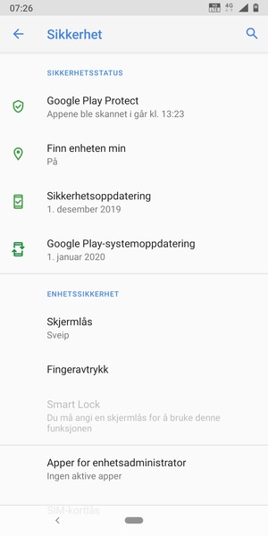 For å aktivere skjermlåsen, gå til Sikkerhet-menyen og velg Skjermlås