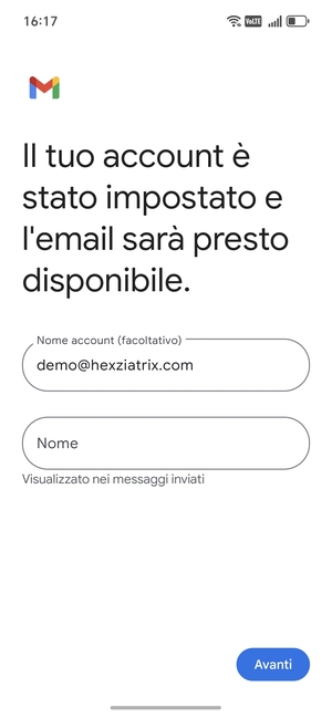 Scegli un nome per il tuo account e inserisci il tuo nome. Seleziona Avanti