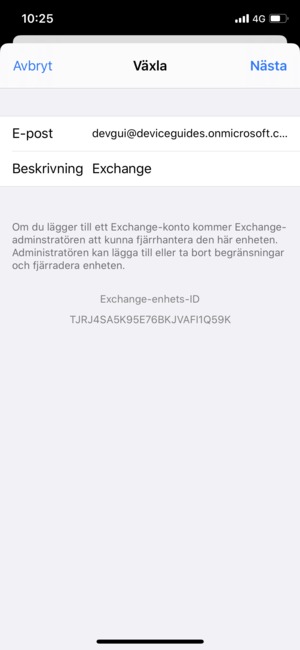 Ange din Exchange-e-postinformation och välj Nästa