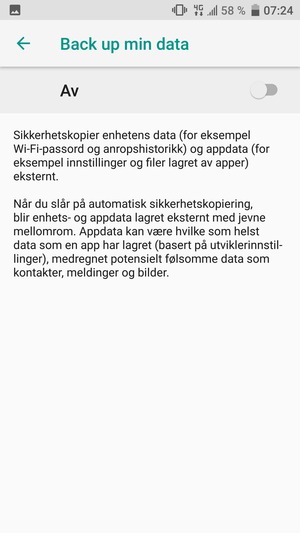 Slå på Back up my data