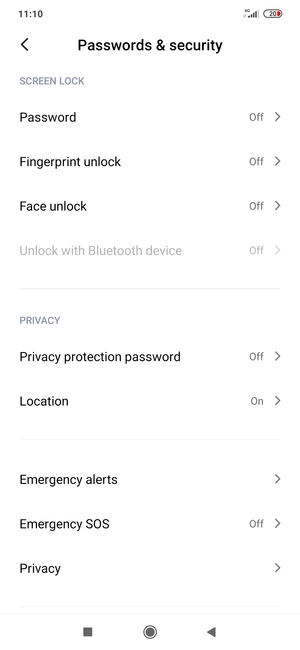 To activate your screen lock, return to the Passwords & security menu and select Password