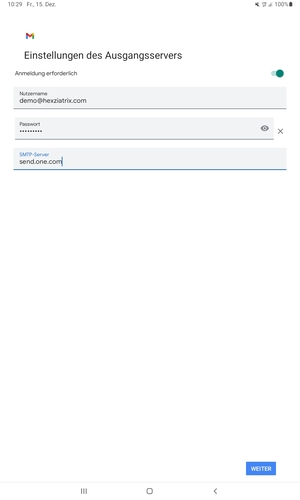 Geben Sie die Server-Adresse für ausgehende Post ein und wählen Sie WEITER