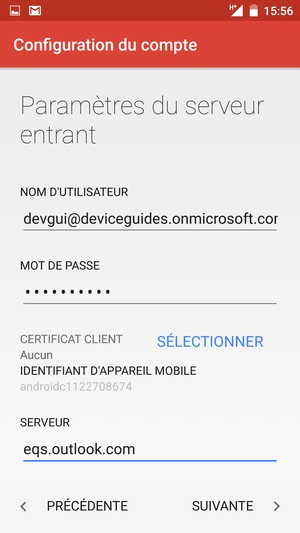 Saisissez votre Nom d'utilisateur et l'adresse du serveur Exchange. Sélectionnez SUIVANTE