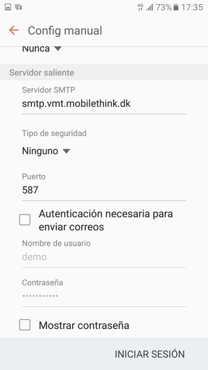 Desmarque la casilla de verificación Autenticación necesaria para enviar correos y seleccione INICIAR SESIÓN