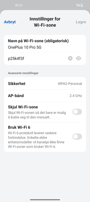 Skriv inn et Wi-Fi hotspot-passord på minst 8 tegn og velg Lagre