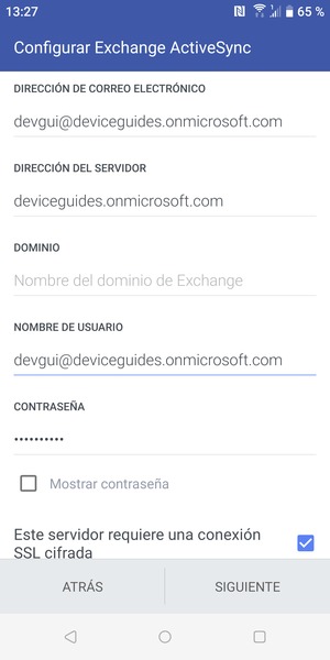 Introduzca Nombre de usuario y la dirección de servidor Exchange. Seleccione SIGUIENTE