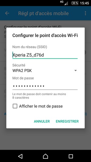 Saisissez un mot de passe de hotspot Wi-Fi d'au moins 8 caractères et sélectionnez ENREGISTRER