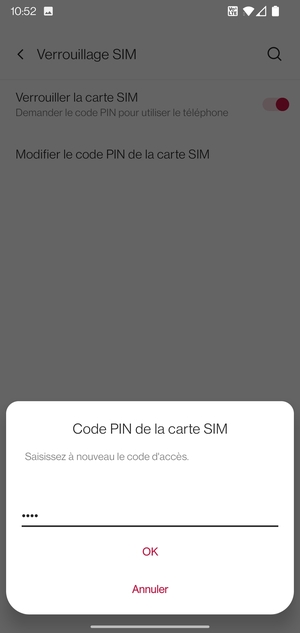 Veuillez confirmer votre nouveau code PIN de la carte SIM et sélectionner OK