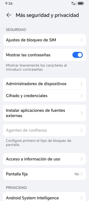 Seleccione Ajustes de  bloqueo de SIM