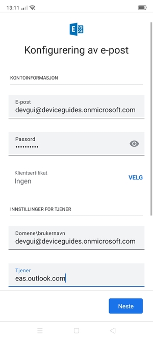Skriv inn Brukernavn og Exchange serveradresse. Velg Neste