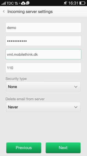 Enter Username and Incoming server address. Select Next