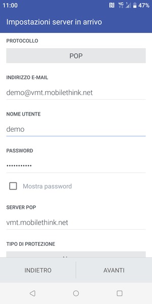 Inserisci Nome utente e l'indirizzo del server di posta in arrivo. Seleziona AVANTI