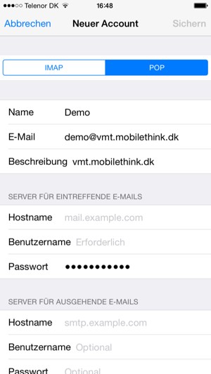 Wählen Sie POP oder IMAP und geben Sie E-Mail-Informationen für SERVER FÜR EINTREFFENDE E-MAILS ein
