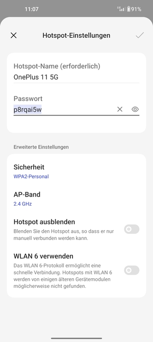 Geben Sie eine WLAN-Hotspot-Passwort mit mindestens 8 Zeichen ein und wählen Sie OK