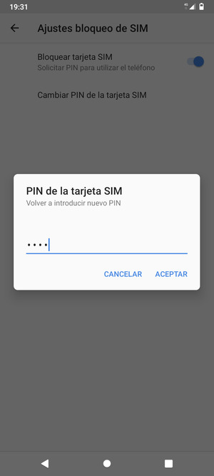 Confirme su nuevo PIN de tarjeta SIM y seleccione ACEPTAR