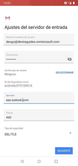 Introduzca Nombre de usuario y la dirección de servidor Exchange. Seleccione SIGUIENTE